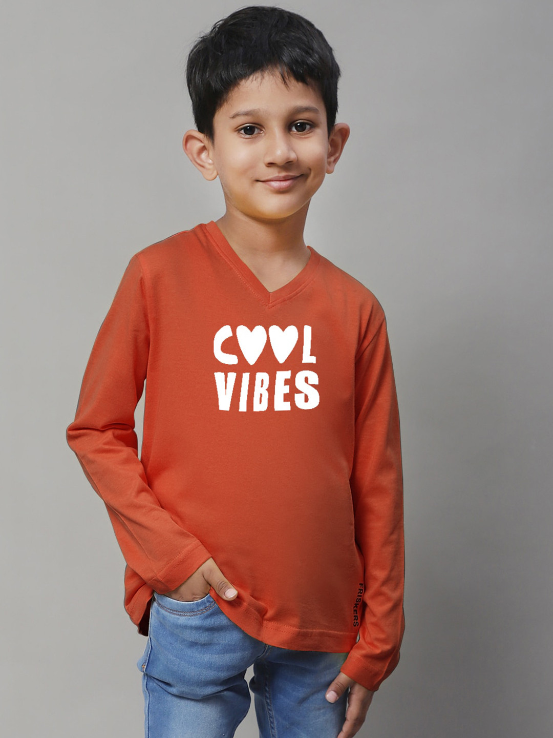 

Friskers Boys Typography Printed V-Neck Pure Cotton T-shirt, Orange