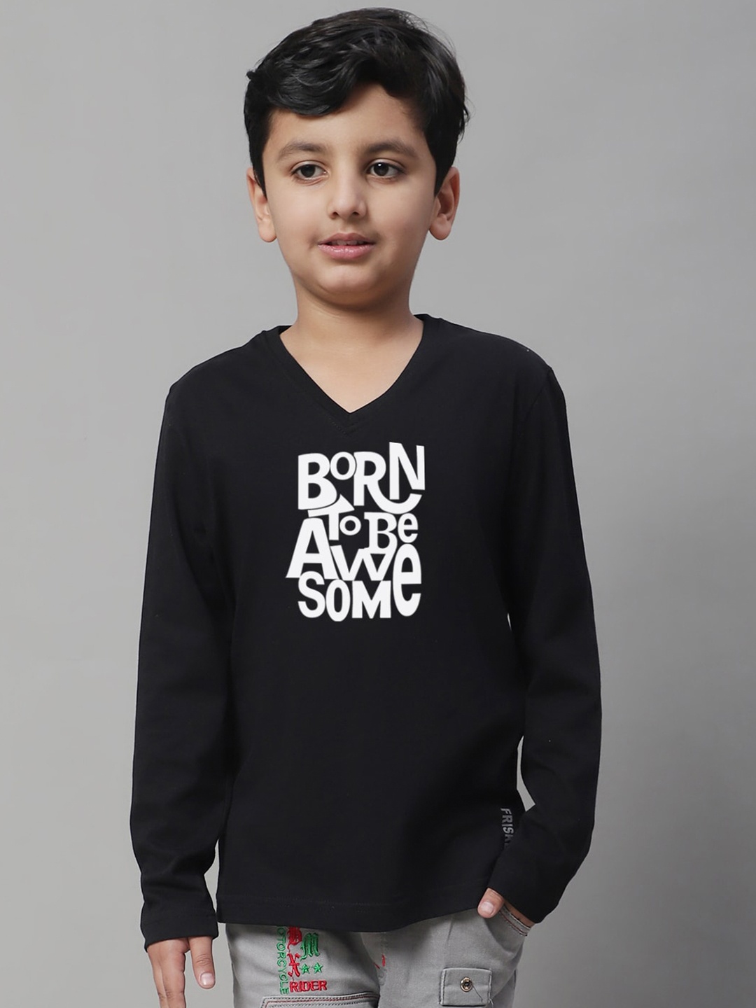 

Friskers Boys Typography Printed V-Neck Bio Wash Pure Cotton Casual T-shirt, Black