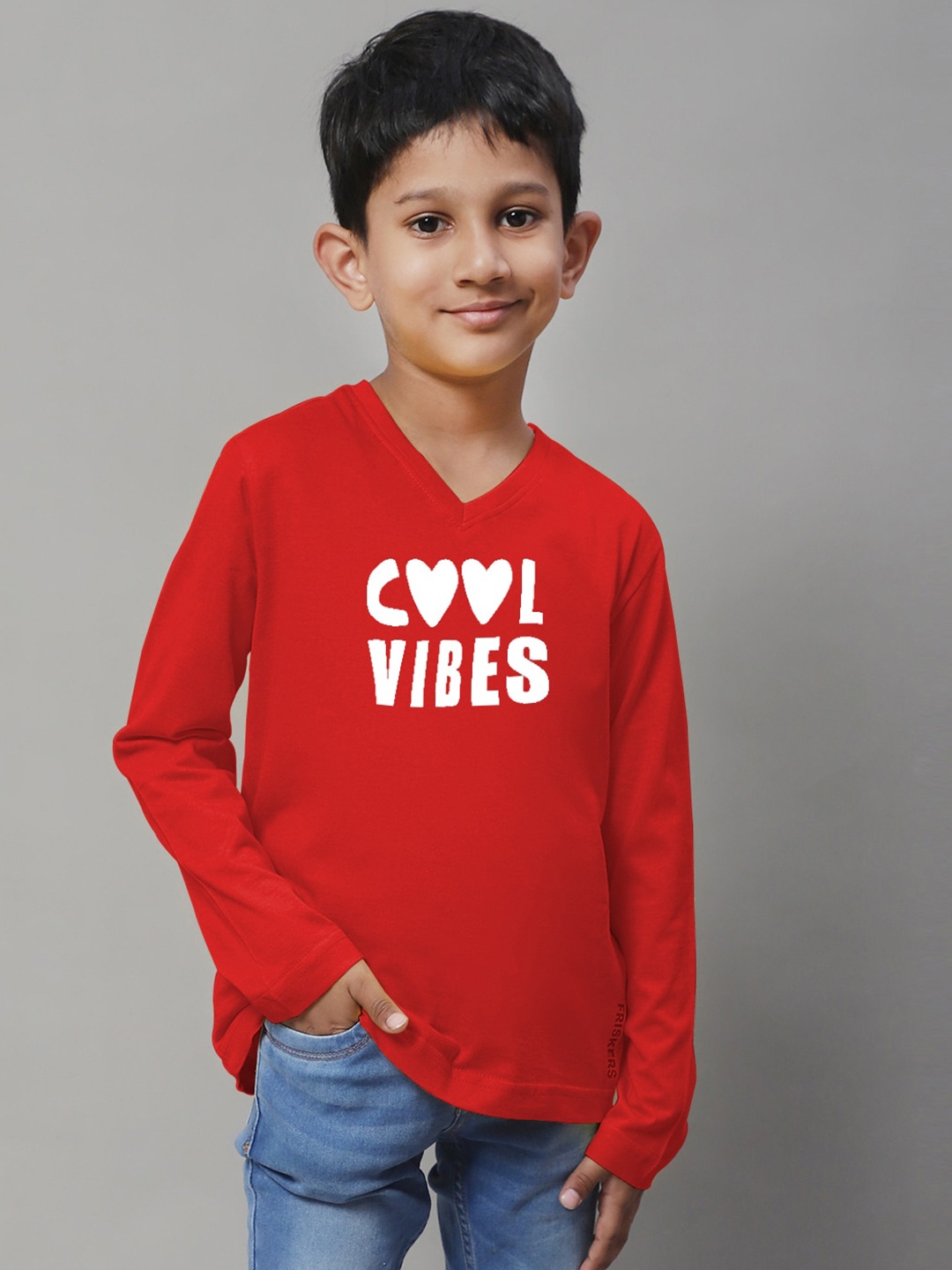 

Friskers Boys Typography Printed V-Neck Pure Cotton T-shirt, Red