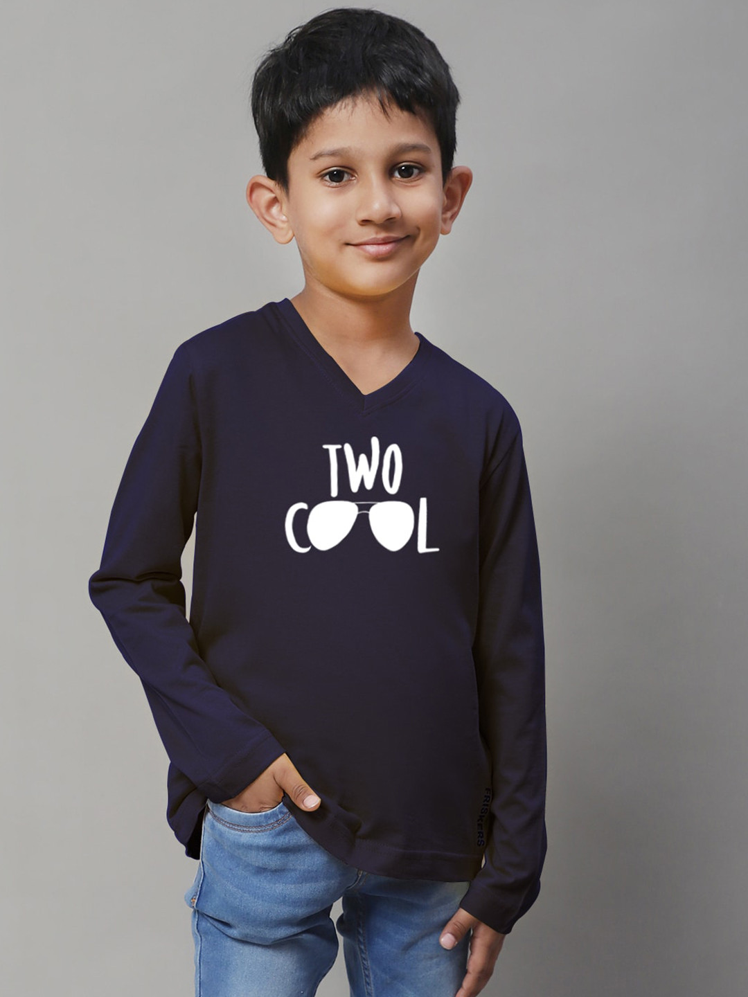 

Friskers Boys Typography Printed V-Neck T-shirt, Navy blue
