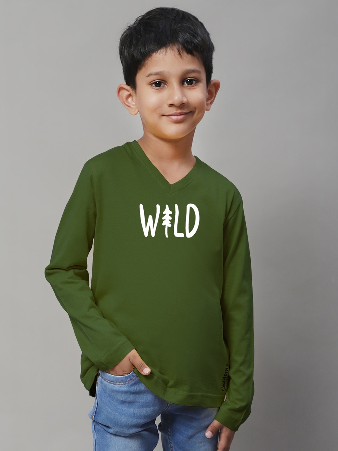 Friskers Boys Typography Printed V-Neck Pure Cotton T-Shirt, Olive