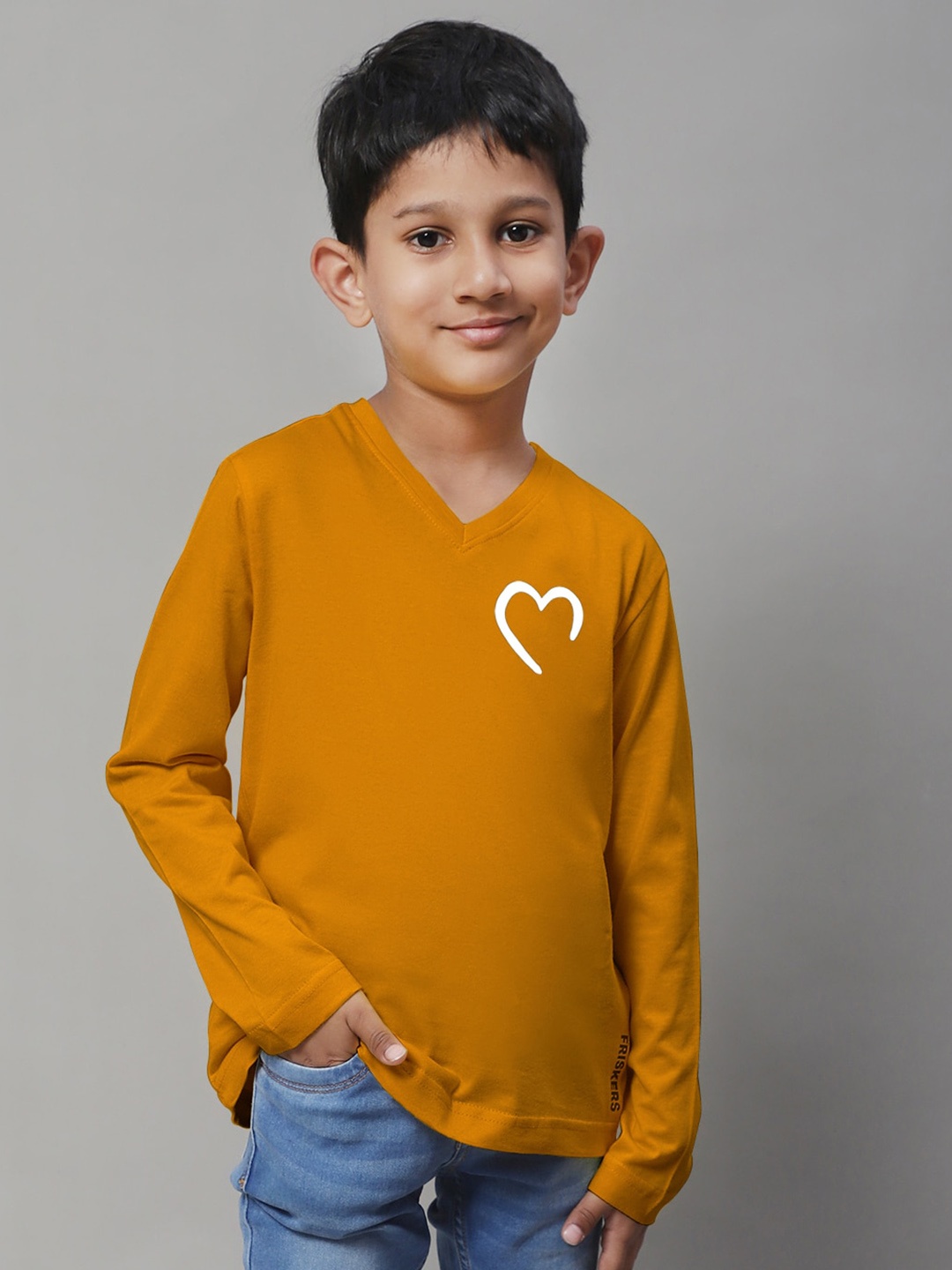

Friskers Boys Graphic Printed V-Neck Cotton T-shirt, Mustard