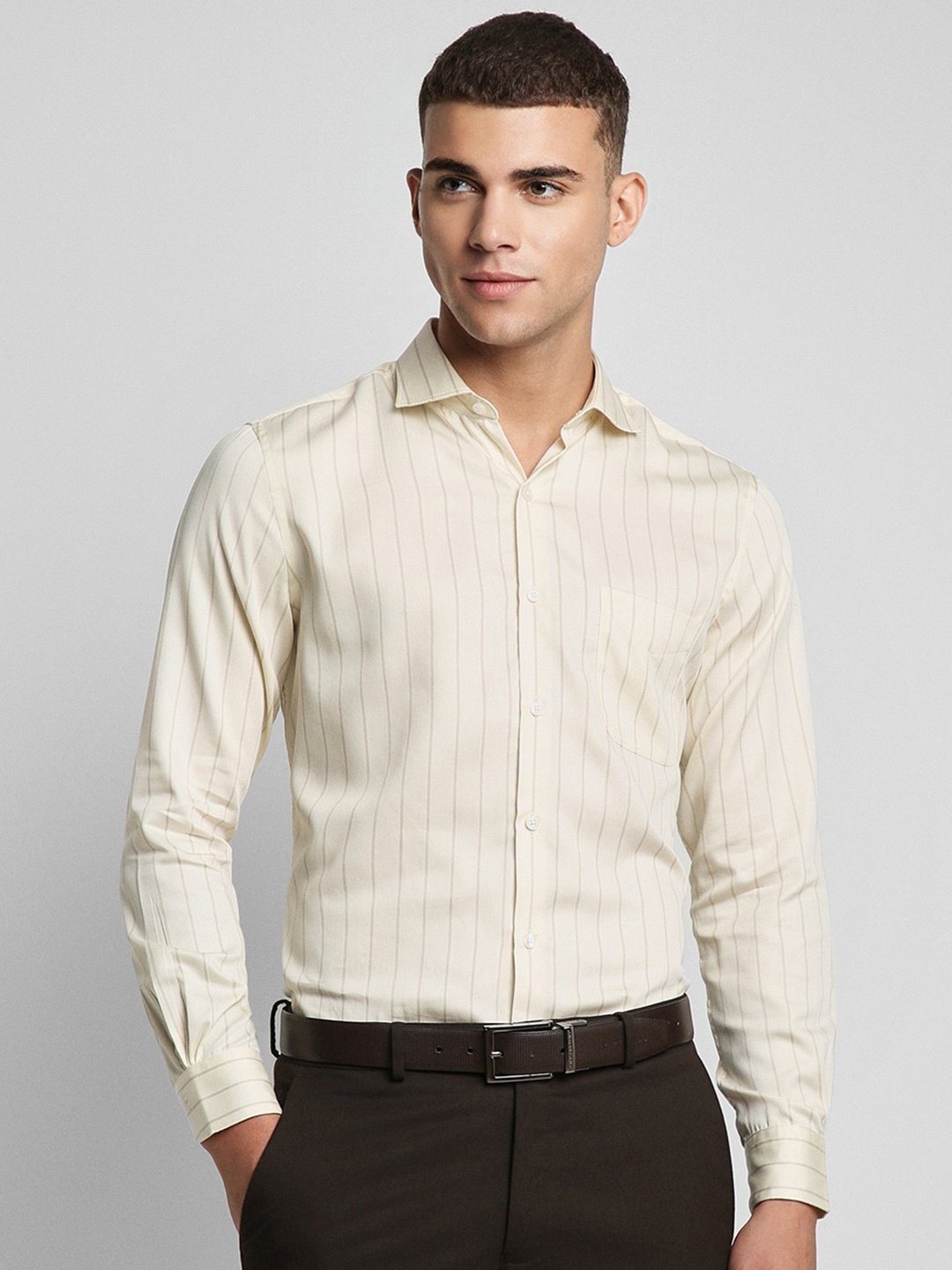 

Peter England Elite Slim Fit Striped Pure Cotton Formal Shirt, Cream