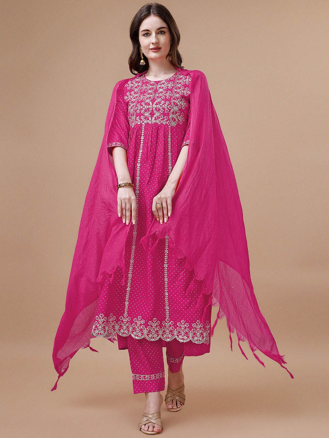 

Berrylicious Ethnic Motifs Embroidered Sequinned Kurta With Trousers & Dupatta, Fuchsia