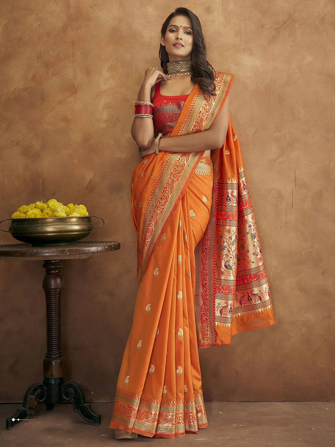 

ODETTE Ethnic Motifs Woven Design Zari Saree, Orange