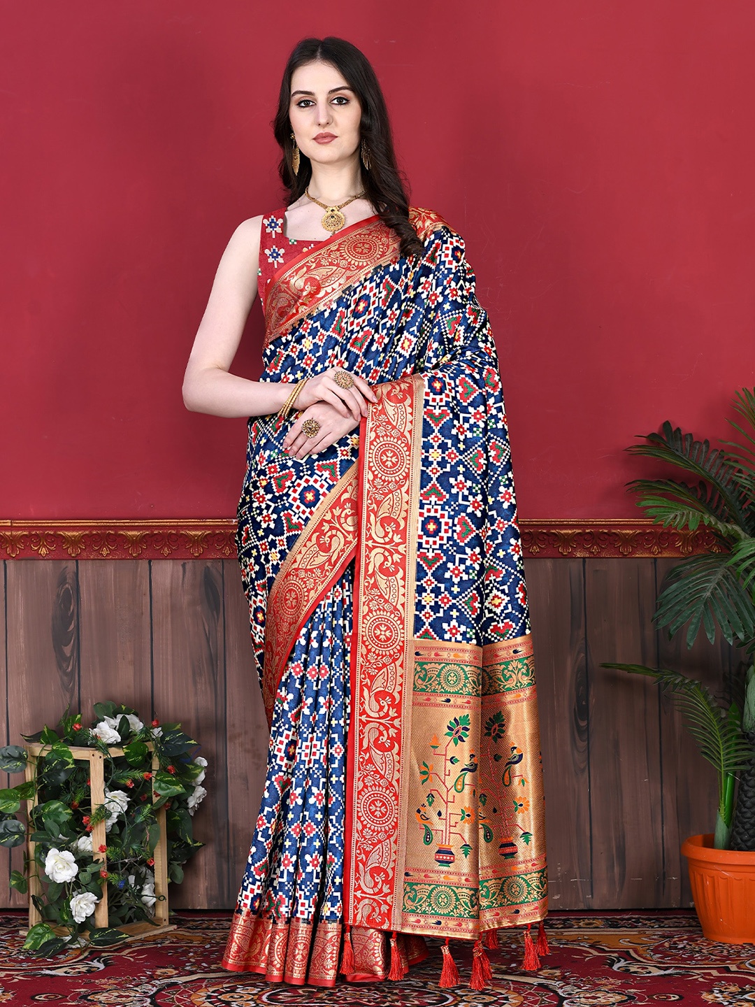 

ODETTE Ethnic Motifs Woven Design Ikat Saree, Blue