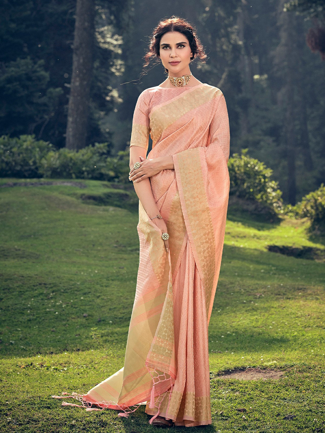 

ODETTE Ethnic Motifs Woven Design Zari Detail Saree, Peach