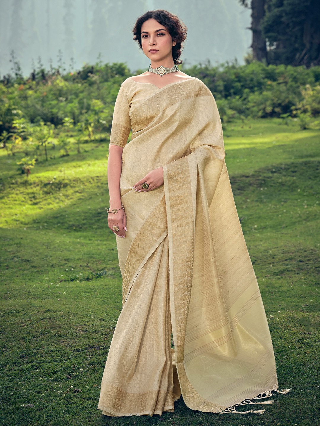 

ODETTE Ethnic Motifs Woven Design Zari Ikat Saree, Beige