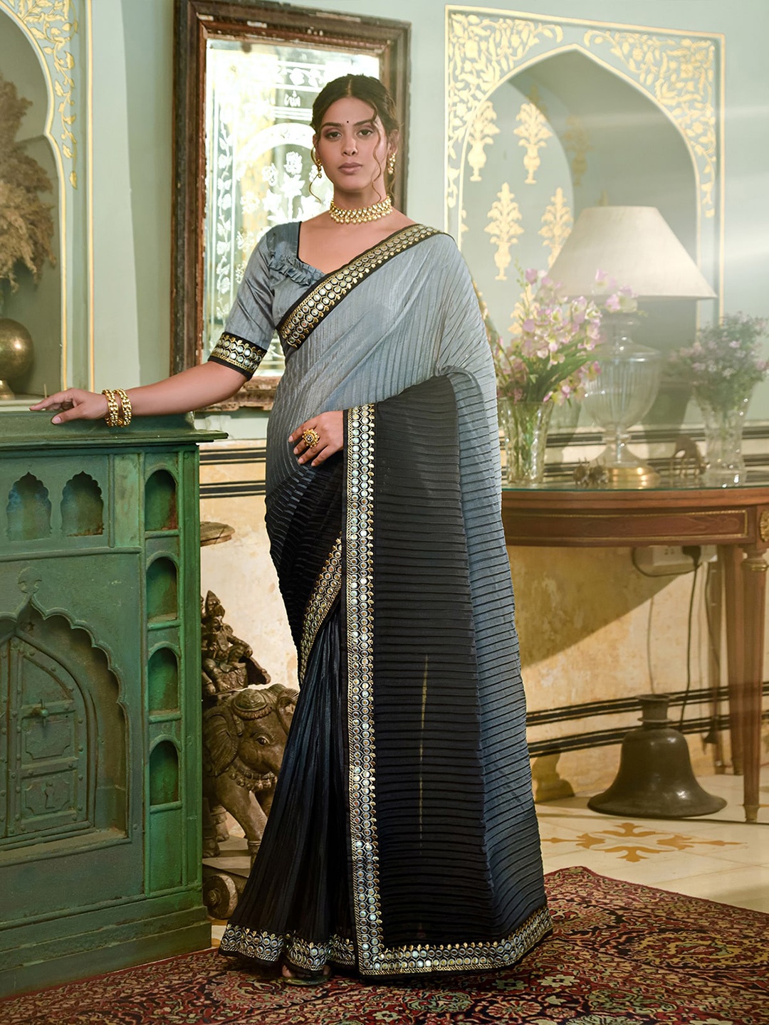 

ODETTE Ombre Mirror Work Ikat Saree, Grey