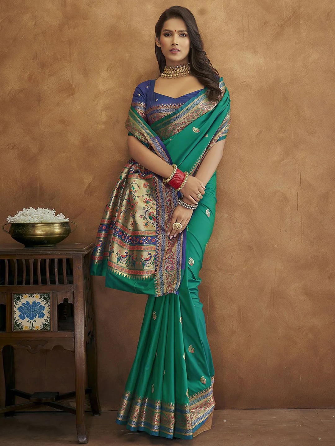 

ODETTE Paisley Woven Design Zari Ikat Saree, Teal