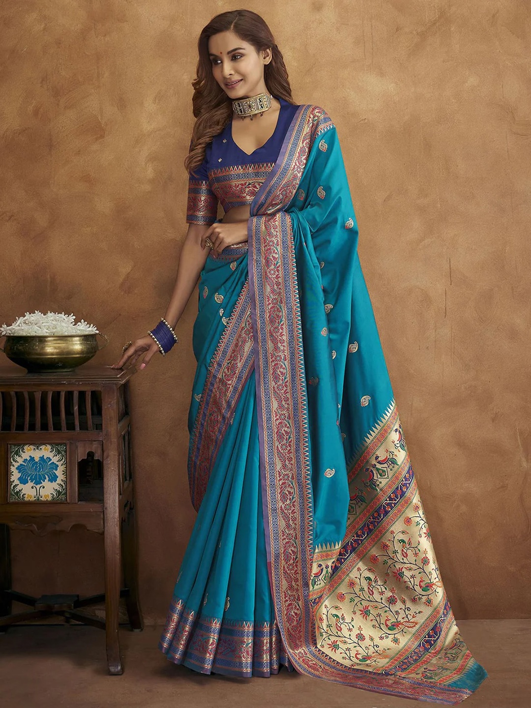 

ODETTE Paisley Woven Design Zari Detail Saree, Blue