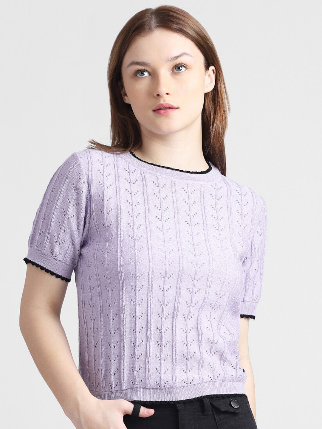 

ONLY Self Design Round Neck Knitted Acrylic Crop Top, Lavender