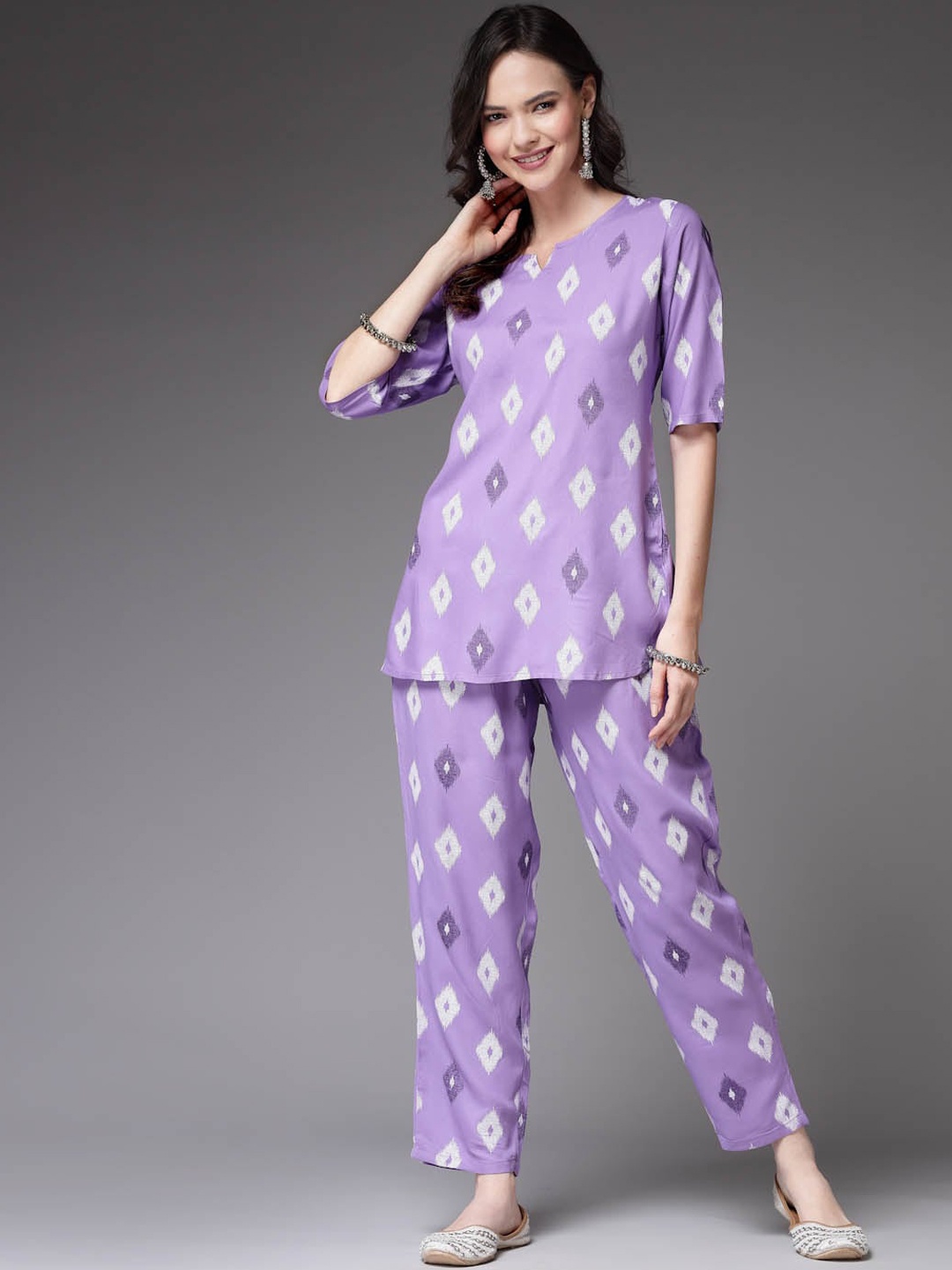 

Stylum Purple Ikat Printed Top With Trousers