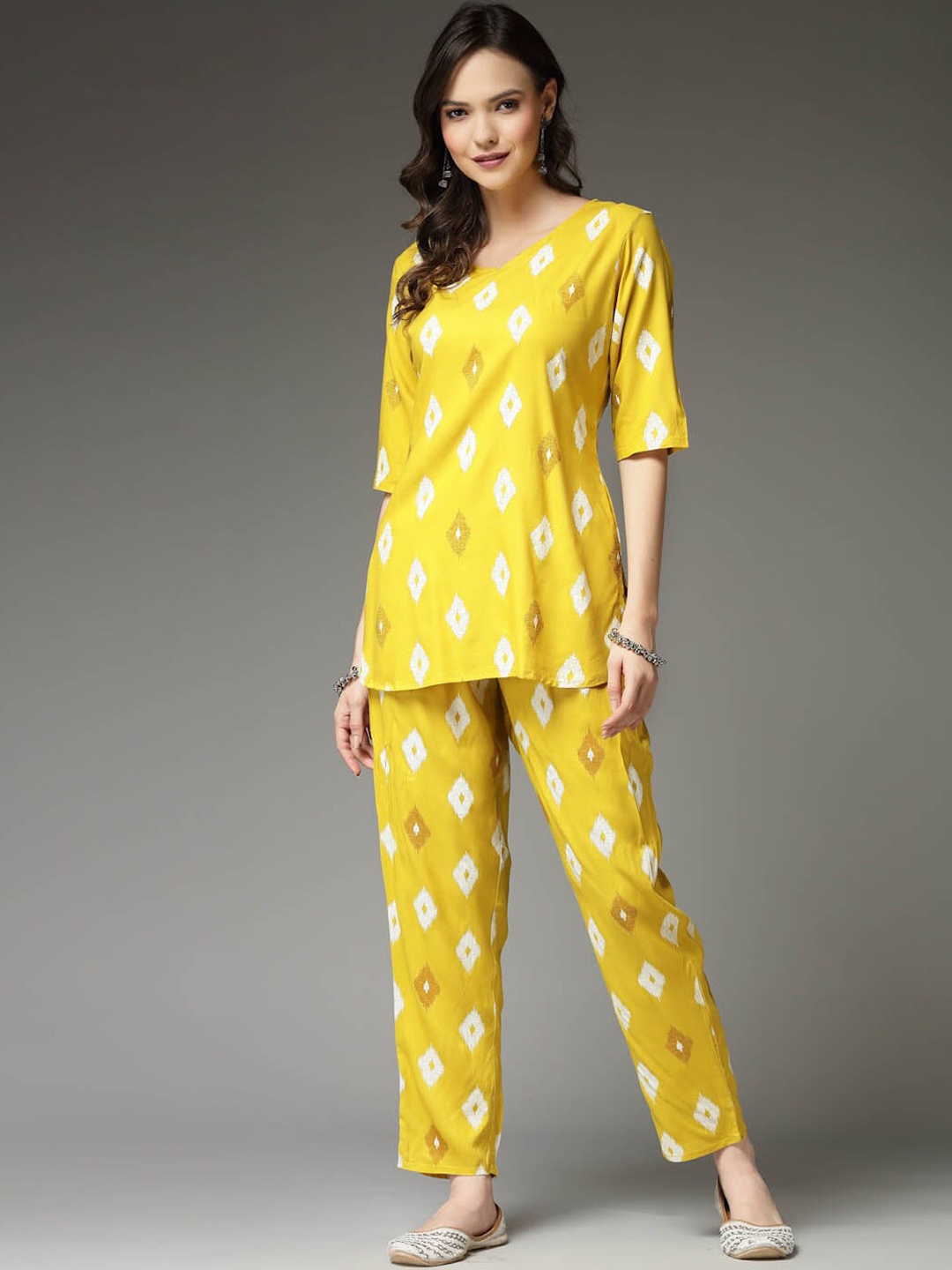 

Stylum Lime Green Ikat Printed Top With Trousers