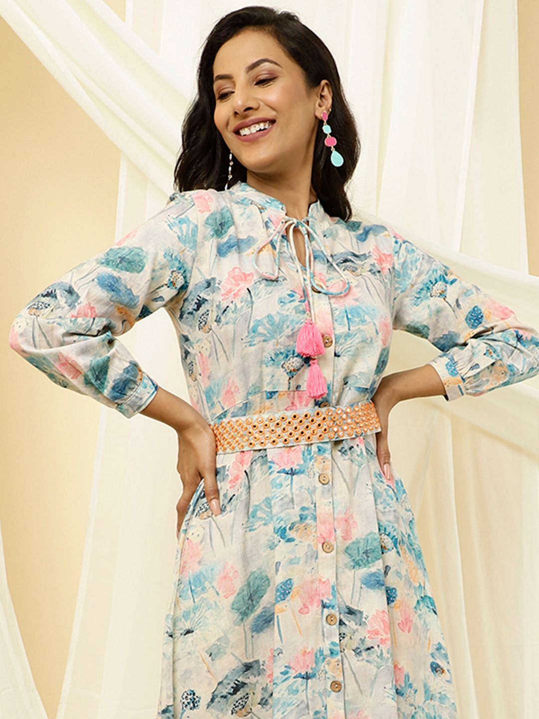 

Jaipur Kurti Floral Printed Tie Up Neck Cotton A-line Dress, Blue