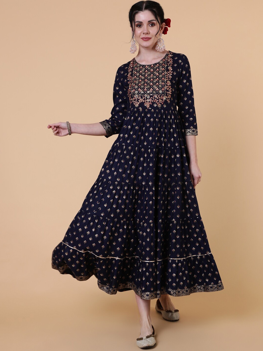 

KIMAYRA Ethnic Motifs Printed Thread Work Fit & Flare Ethnic Dress, Navy blue