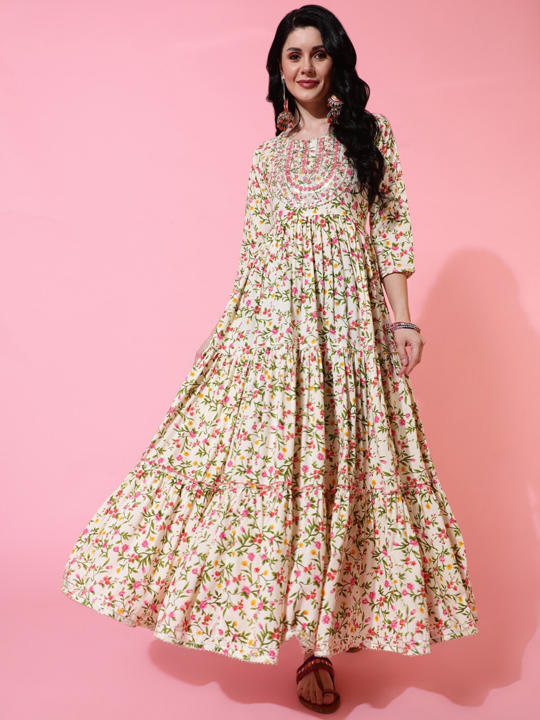 

KIMAYRA Floral Printed Anarkali Cotton Kurta, Cream