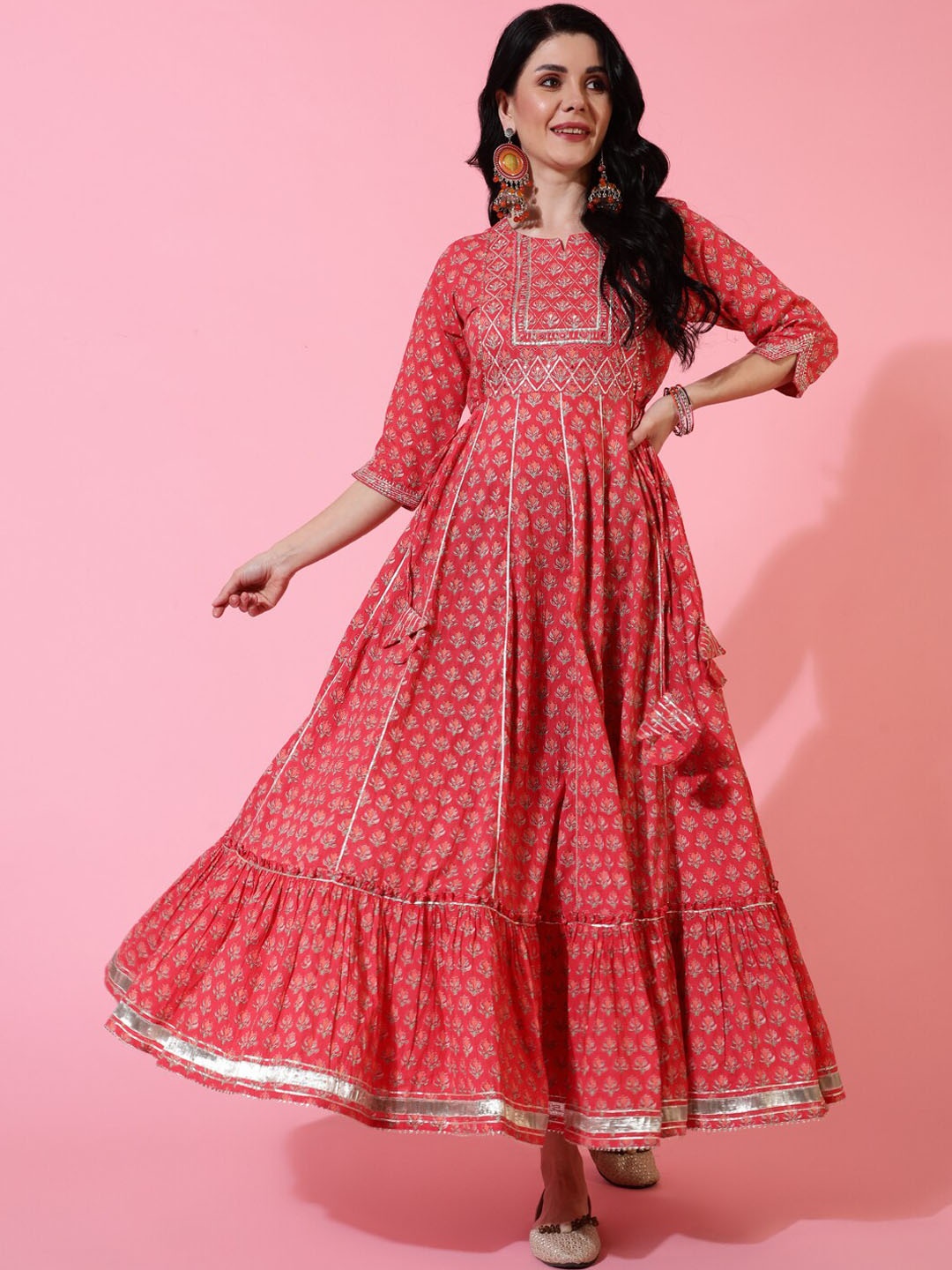 

KIMAYRA Ethnic Motifs Printed Sequinned Fit & Flare Ethnic Dress, Coral