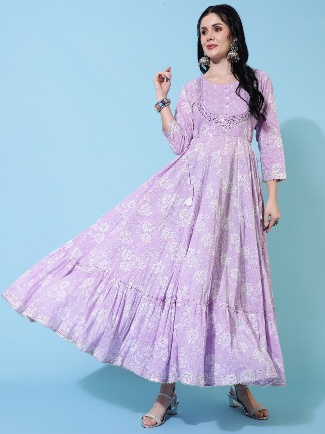 

KIMAYRA Floral Printed Mirror Work Cotton Fit & Flare Ethnic Dress, Purple