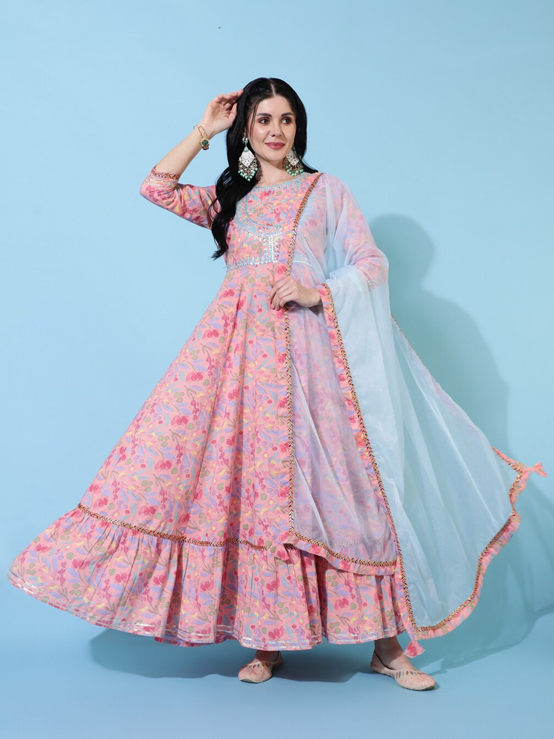 

KIMAYRA Floral Printed Anarkali Cotton Kurta With Dupatta, Pink