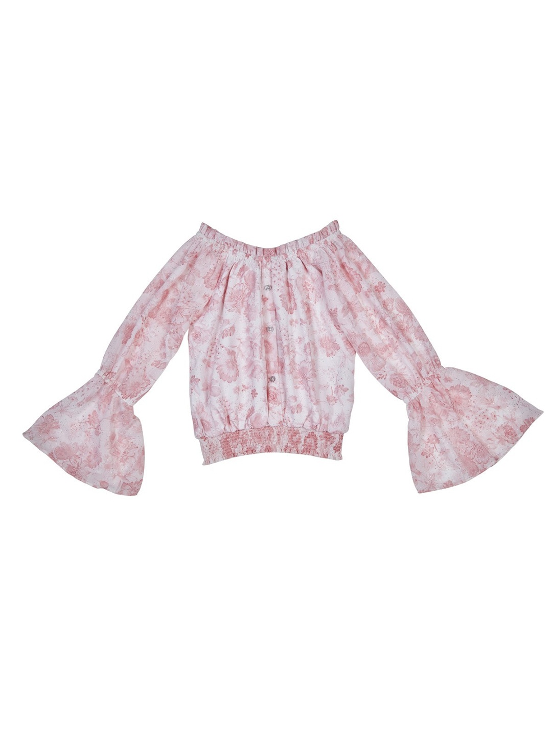 

Peppermint Girls Floral Printed Off Shoulder Bell Sleeve Chiffon Blouson Top, Pink