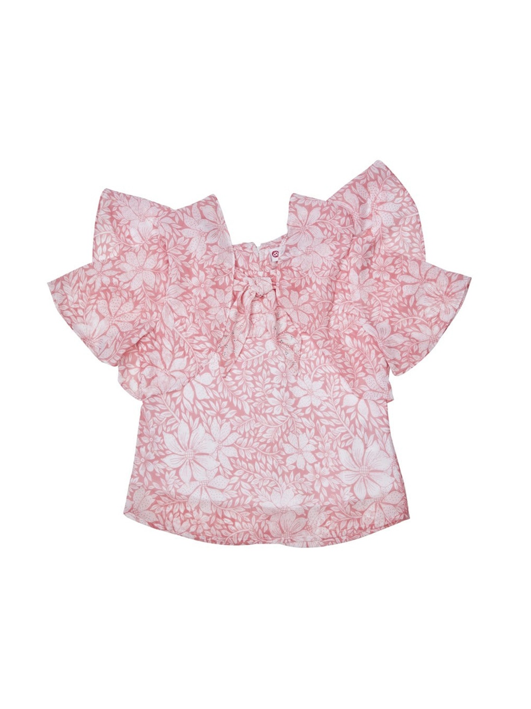 

Peppermint Girls Floral Printed Flutter Sleeve Tie Up Chiffon Regular Top, Pink