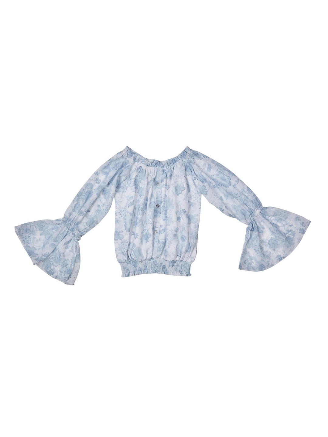 

Peppermint Girls Floral Printed Off Shoulder Bell Sleeve Chiffon Blouson Top, Blue