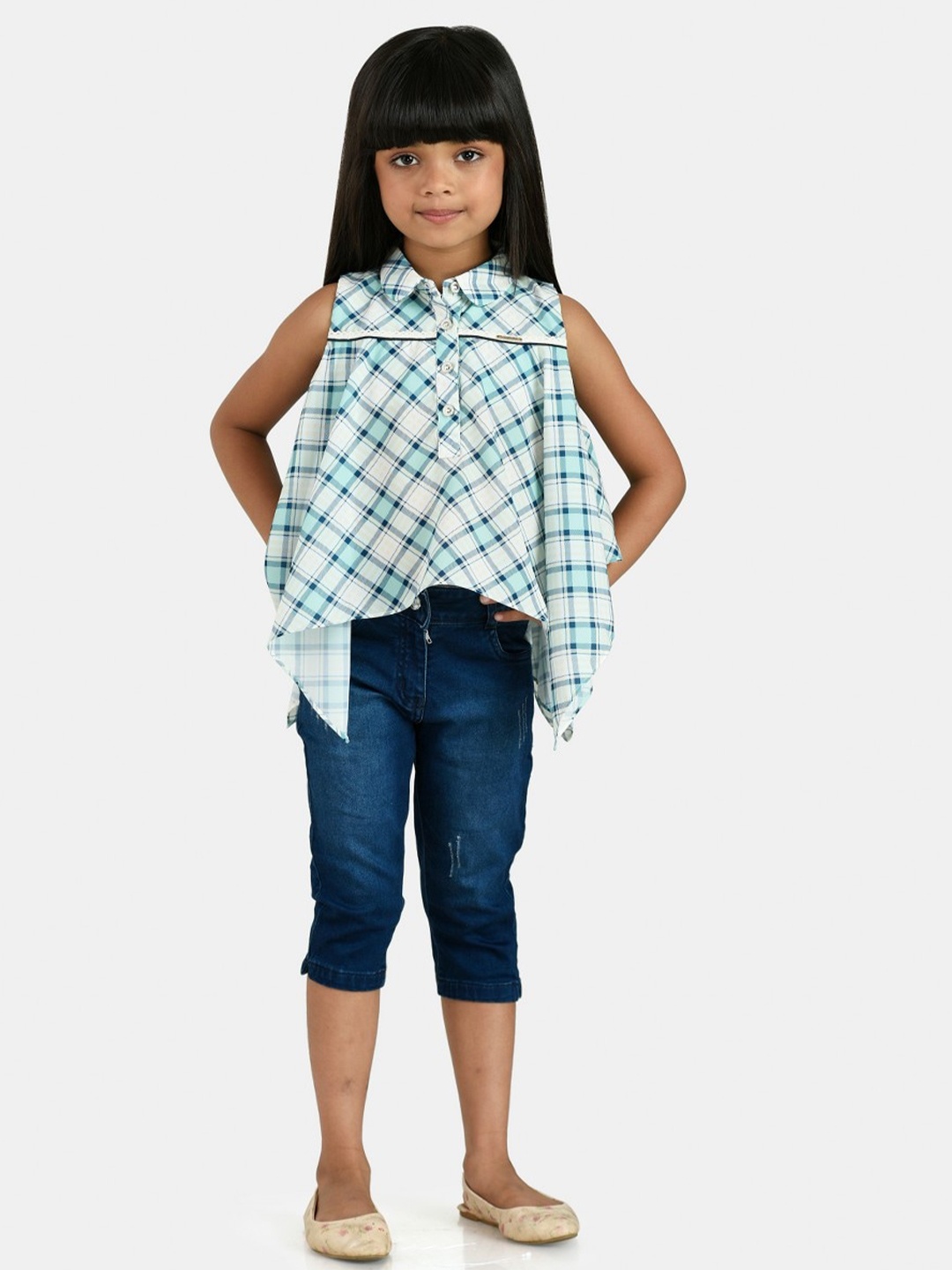 

Peppermint Girls Checked Sleeveless Top, Sea green