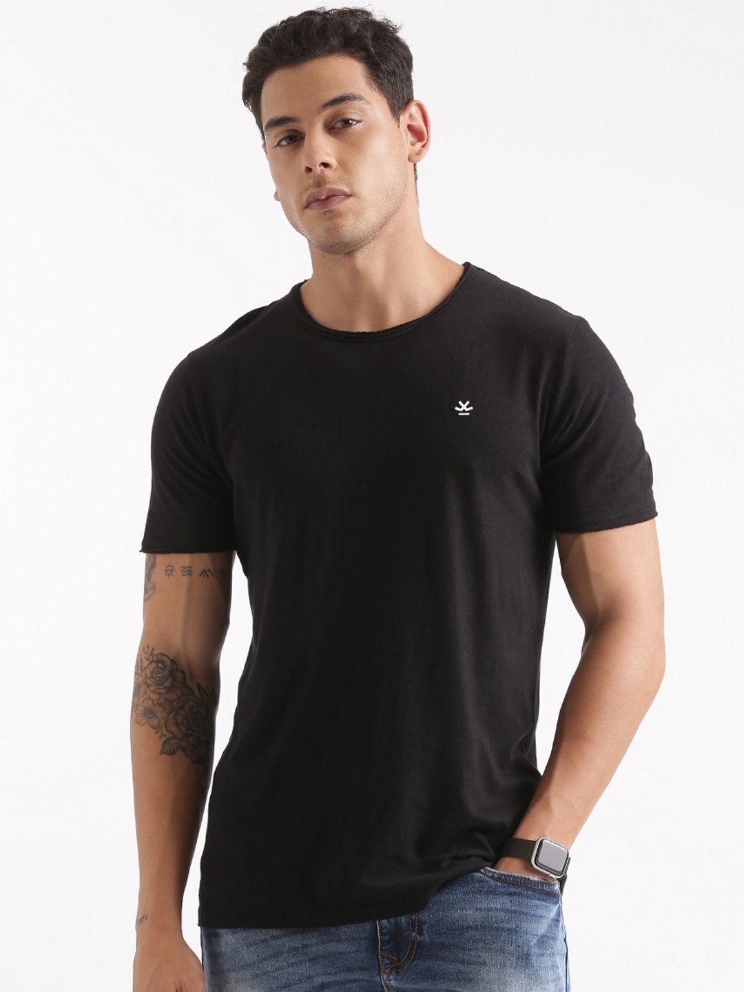 

WROGN Round Neck Slim Fit Cotton T-shirt, Black