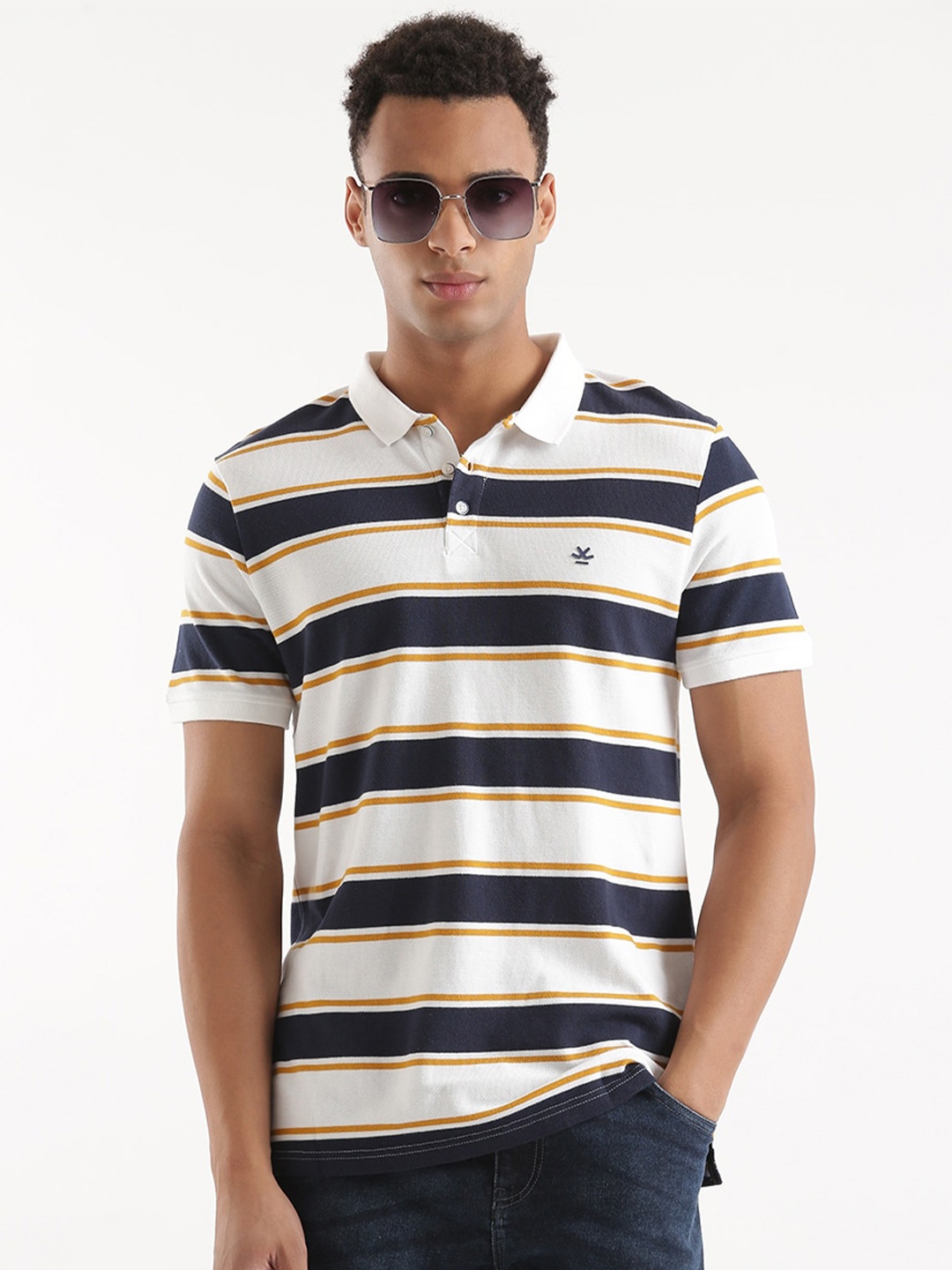 

WROGN Striped Polo Collar Slim Fit Cotton T-shirt, White