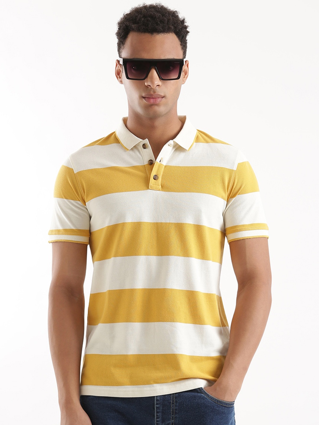 

WROGN Striped Polo Collar Slim Fit Cotton T-shirt, Yellow
