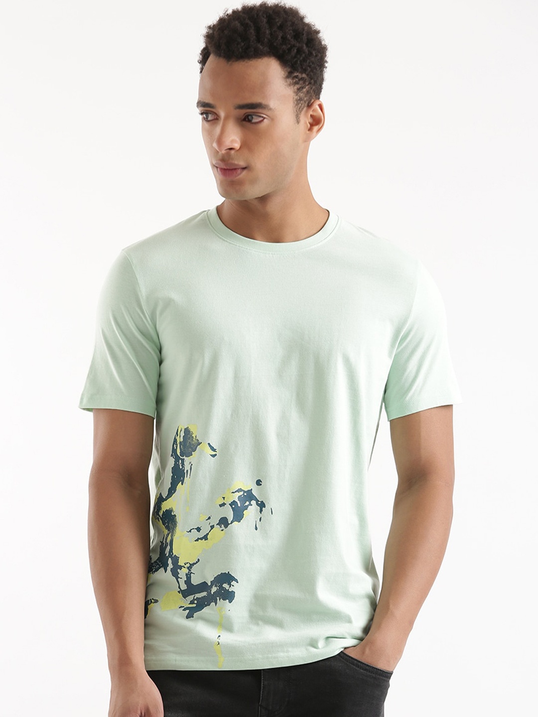 

WROGN Abstract Printed Cotton Slim Fit T-shirt, Teal