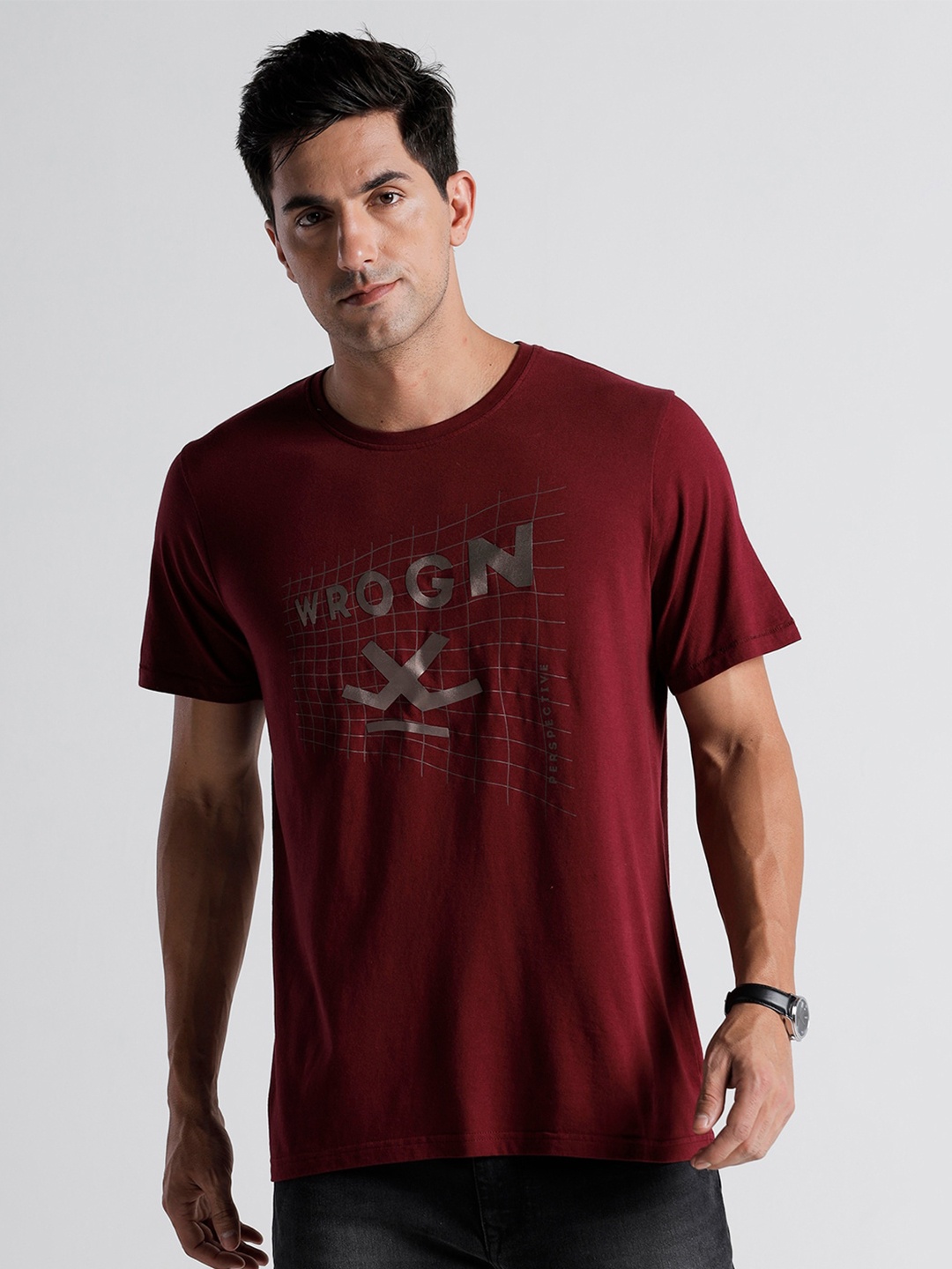 

WROGN Typography Printed Slim Fit Cotton T-shirt, Maroon