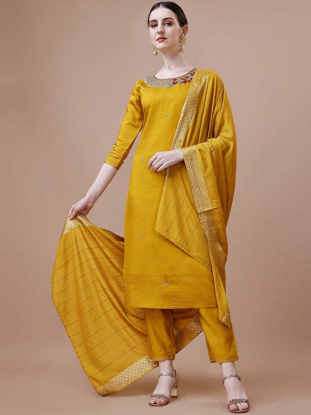 

Berrylicious Ethnic Motifs Yoke Design Chanderi Cotton Kurta & Trouser With Dupatta, Mustard