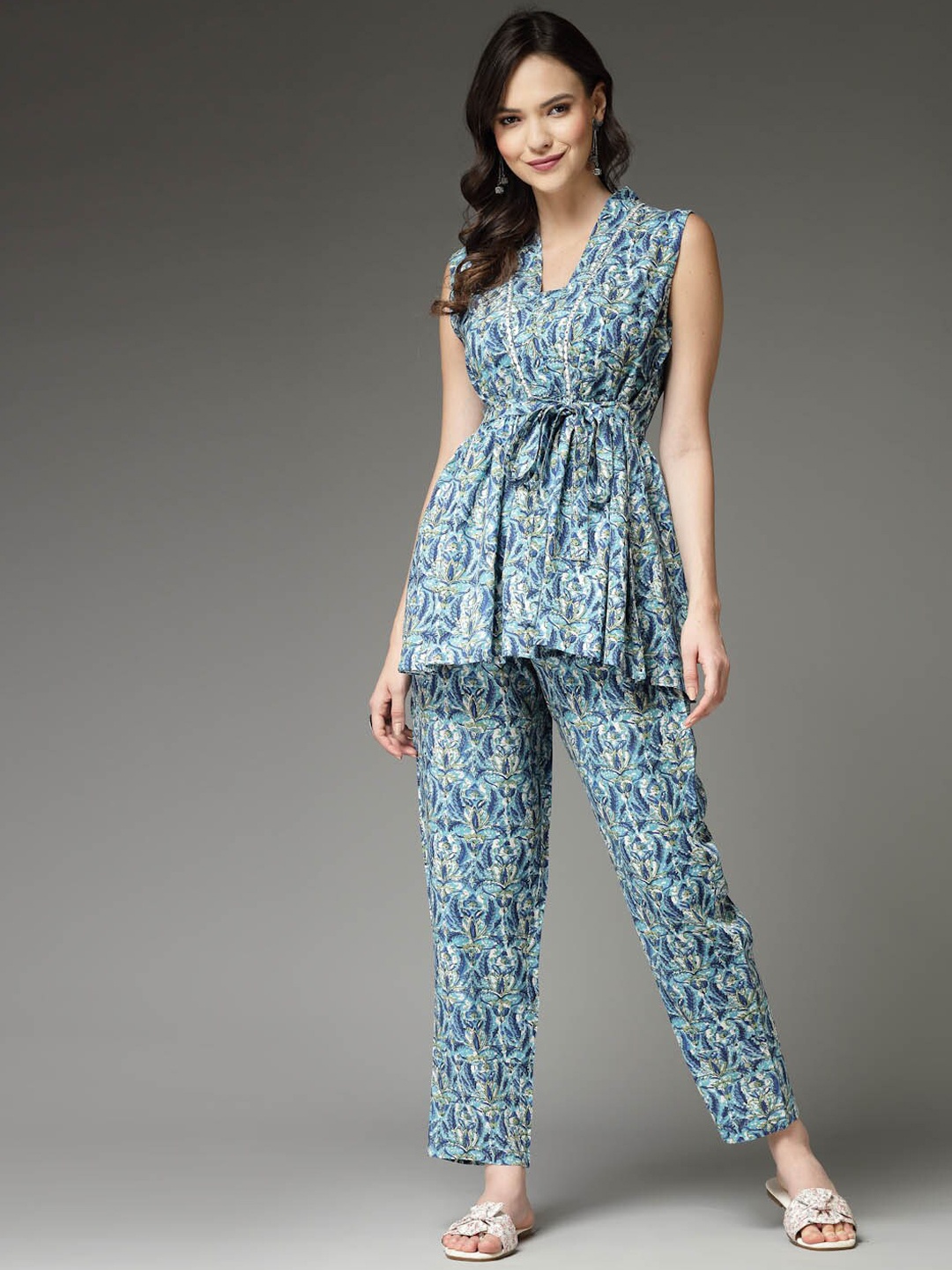 

Stylum Blue Printed V-Neck Top With Trouser