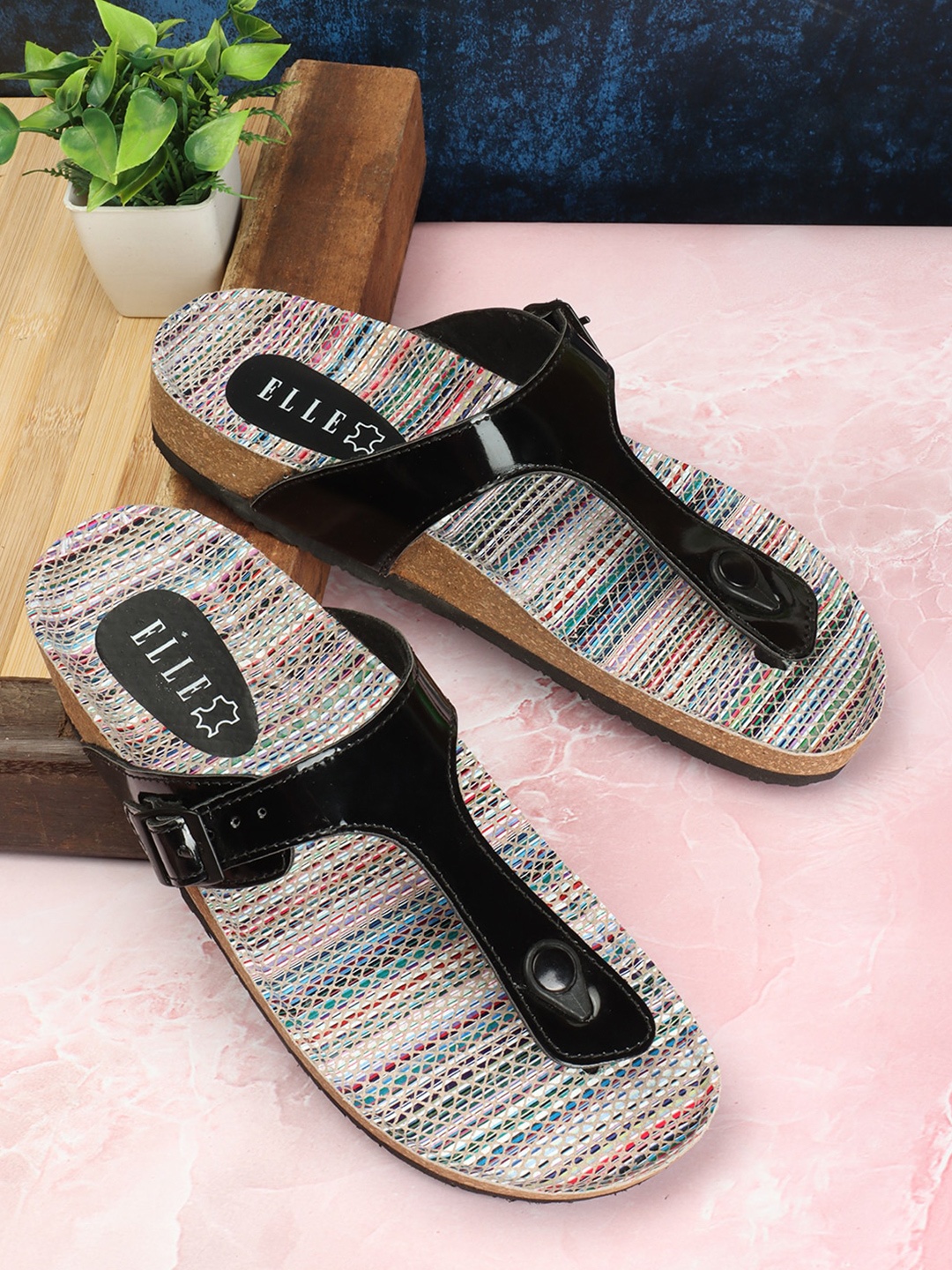 

ELLE Printed Leather T-Strap Flats With Buckle Detail, Black