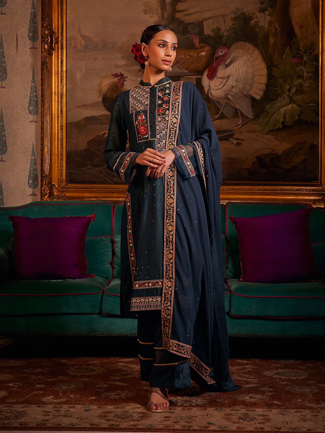 

WISHFUL Floral Embroidered Mandarin Collar Kurta with Trousers & Dupatta, Green