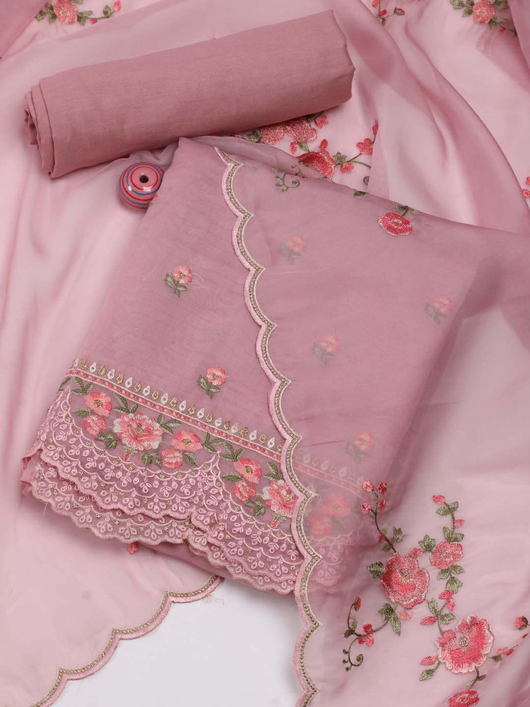 

Meena Bazaar Embroidered Organza Unstitched Dress Material, Pink