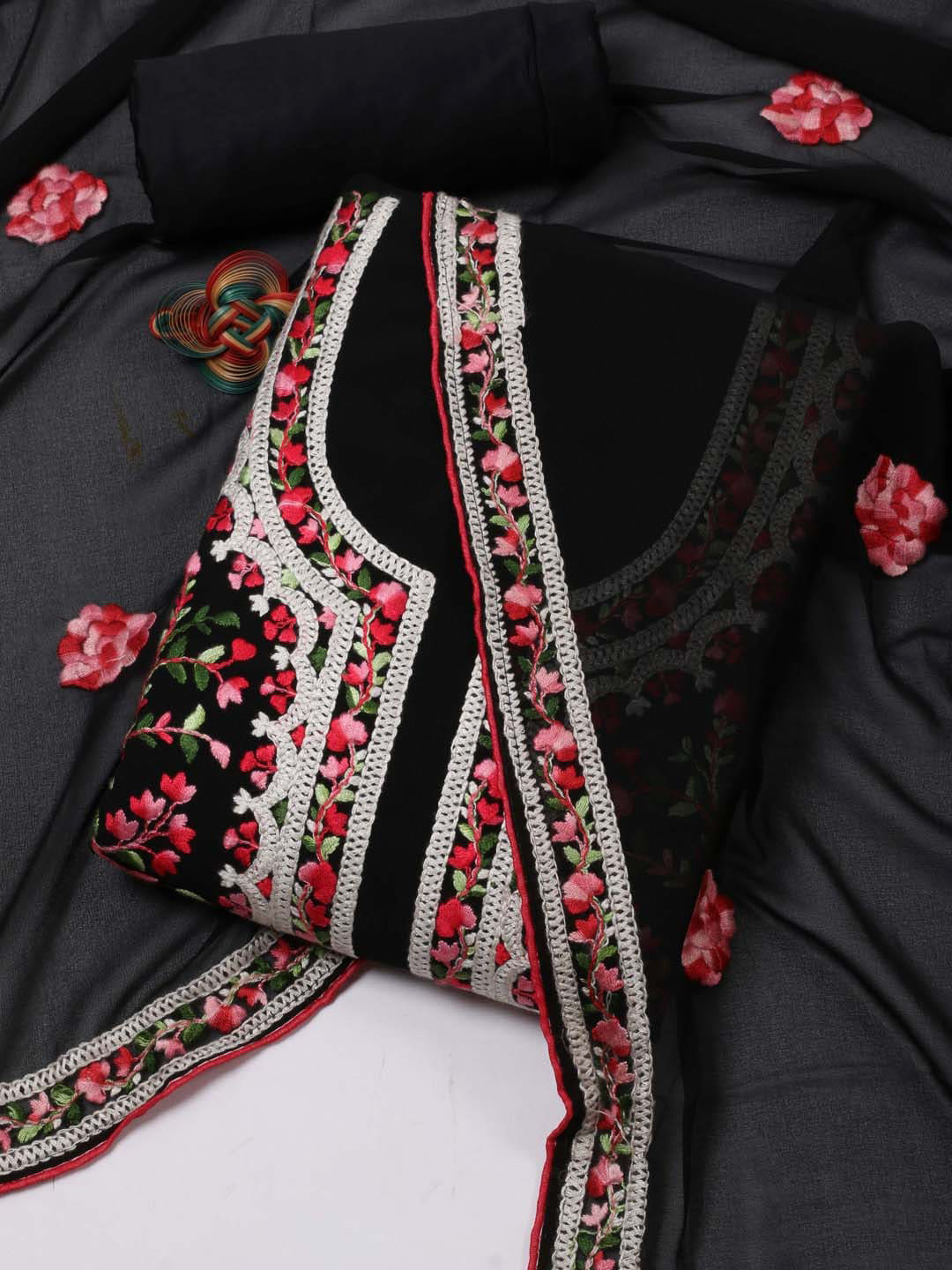 

Meena Bazaar Floral Embroidered Georgette Unstitched Dress Material, Black