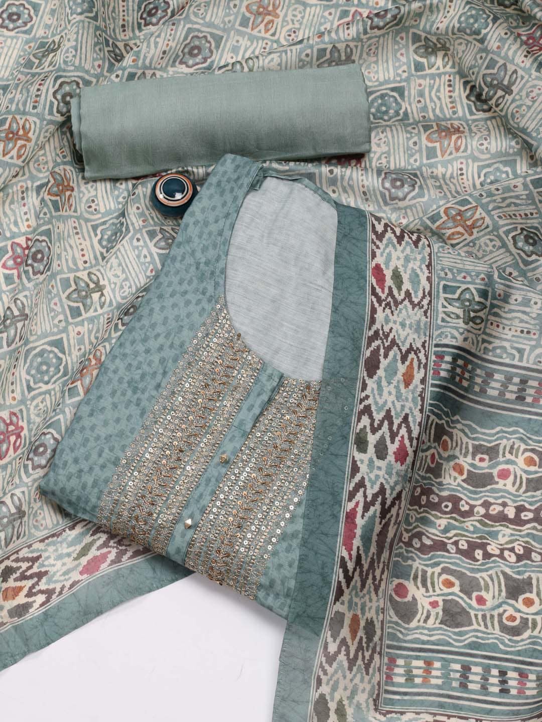 

Meena Bazaar Ethnic Motif Printed Thread Work Unstitched Dress Material, Sea green