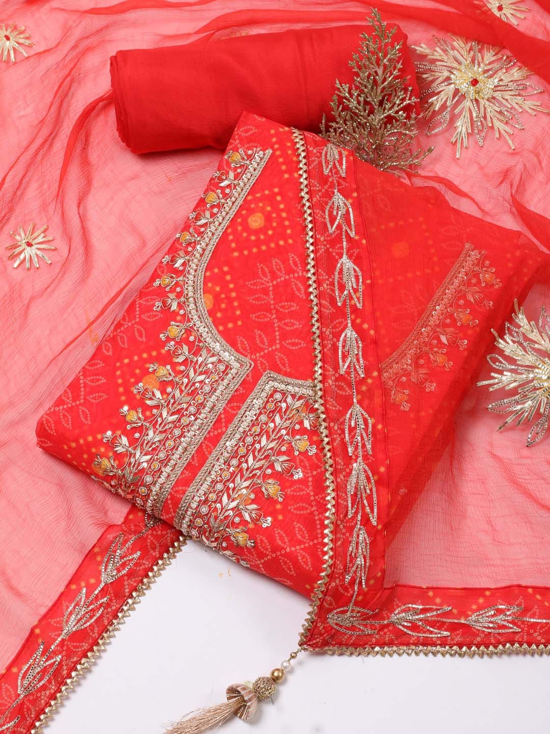 

Meena Bazaar Printed Sequinned Art Silk Unstitched Dress Material, Rust