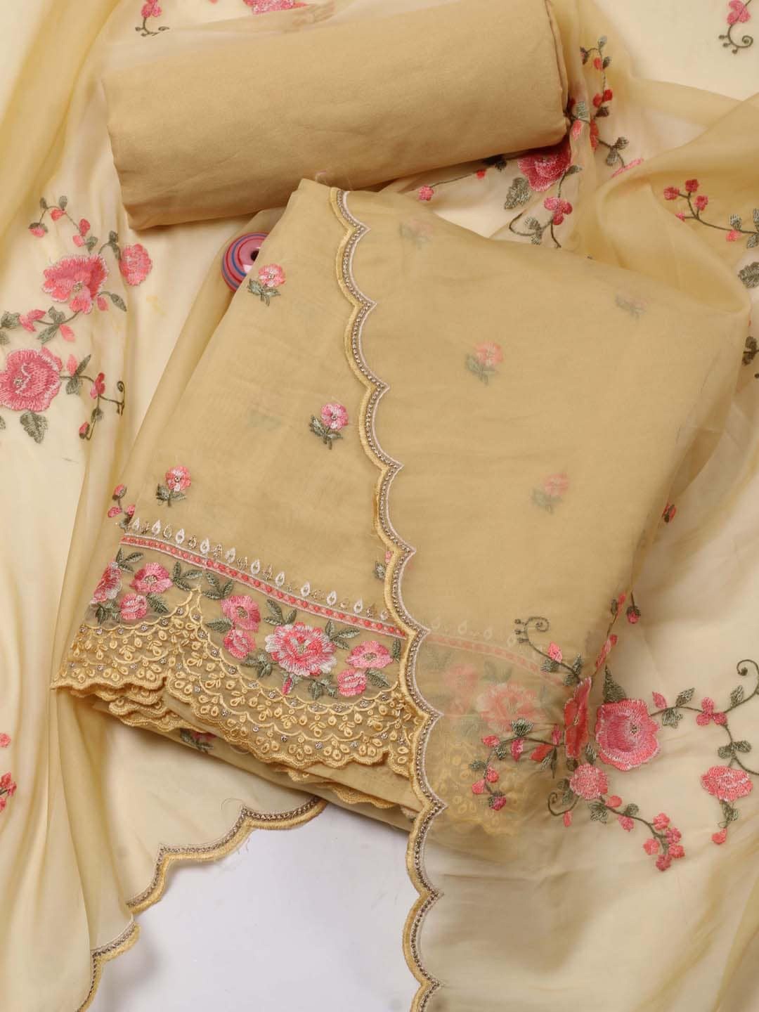 

Meena Bazaar Floral Embroidered Organza Unstitched Dress Material, Mustard