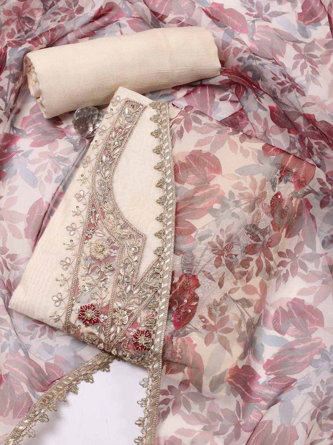 

Meena Bazaar Floral Printed Sequinned Art Silk Unstitched Dress Material, Beige