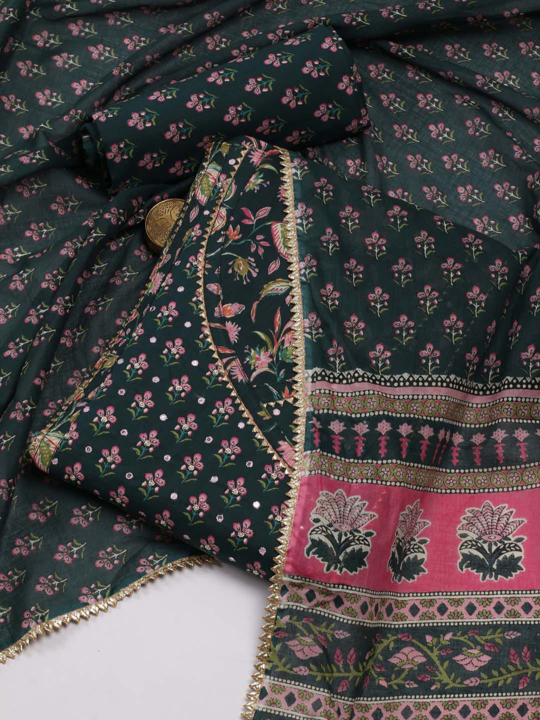 

Meena Bazaar Ethnic Motif Printed Unstitched Dress Material, Green