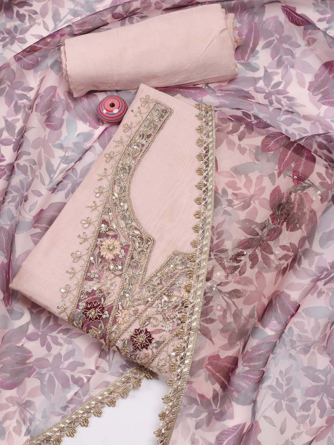 

Meena Bazaar Floral Printed Sequinned Art Silk Unstitched Dress Material, Peach