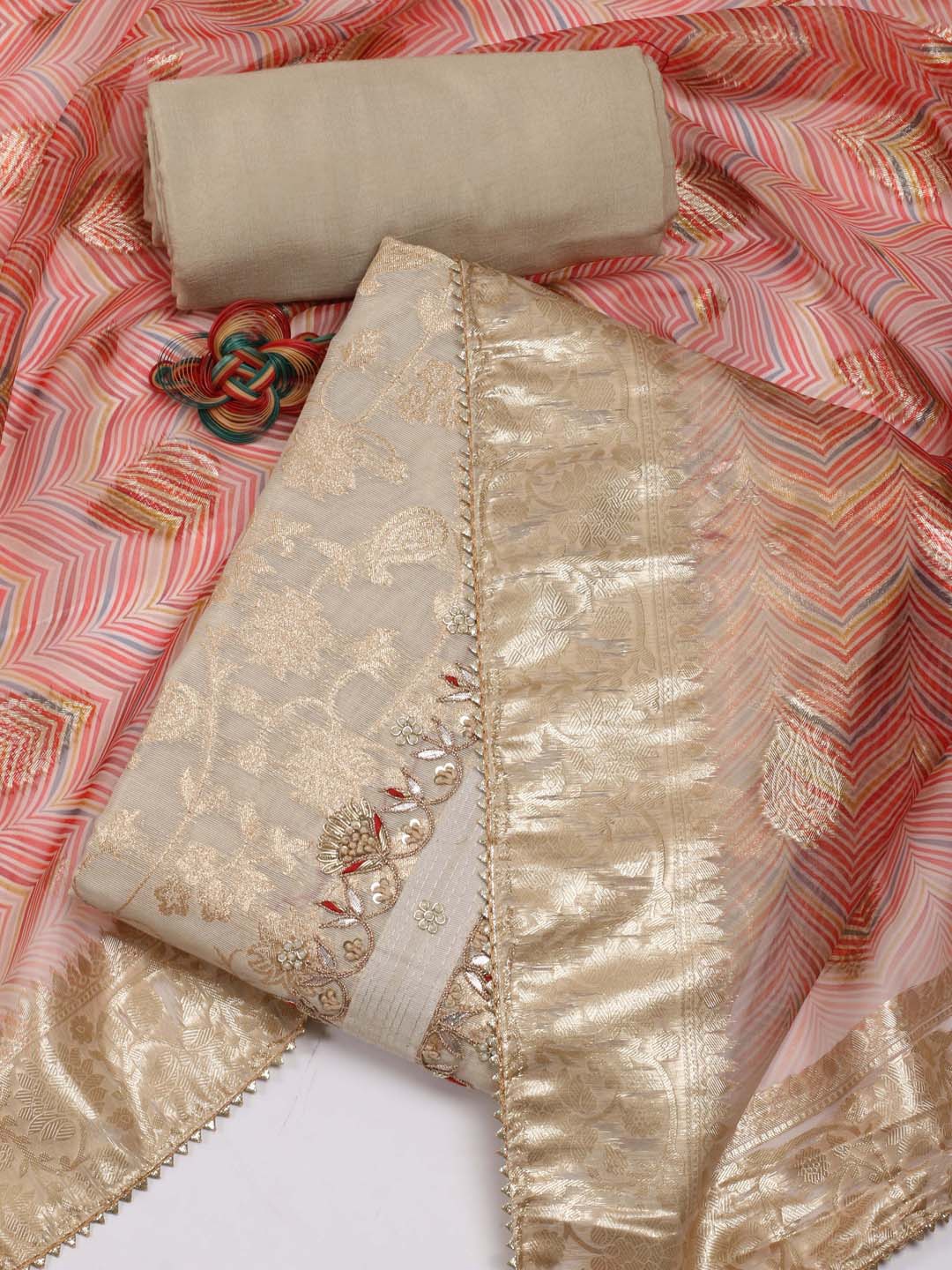 

Meena Bazaar Floral Woven Design Unstitched Dress Material, Beige