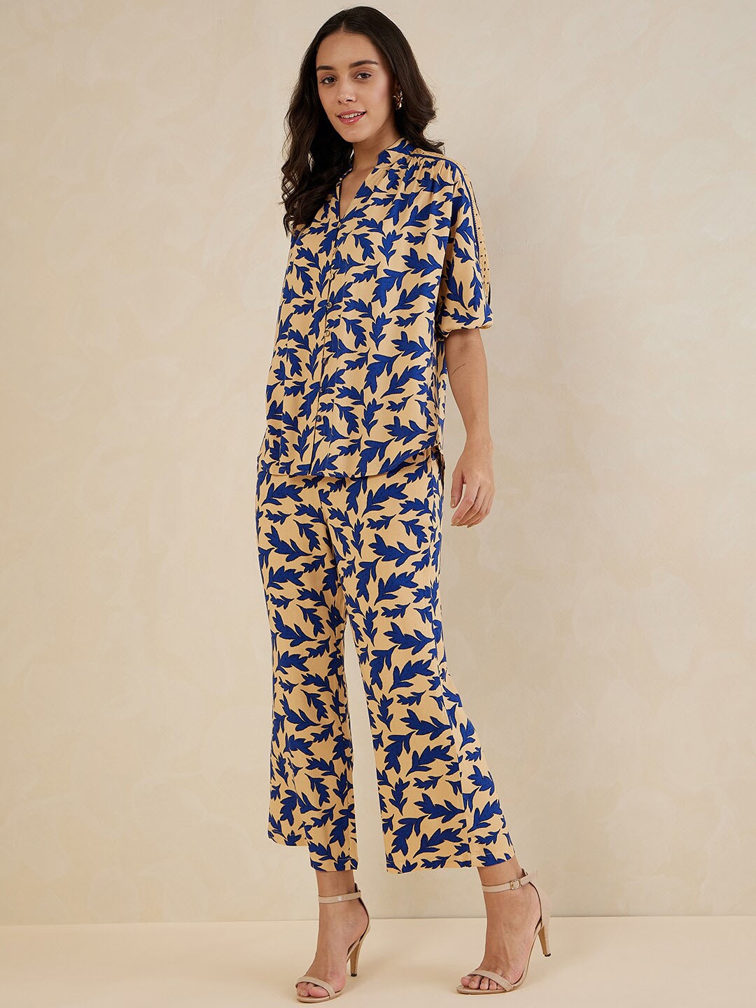 

Femella Floral Printed Shirt With Trousers, Beige