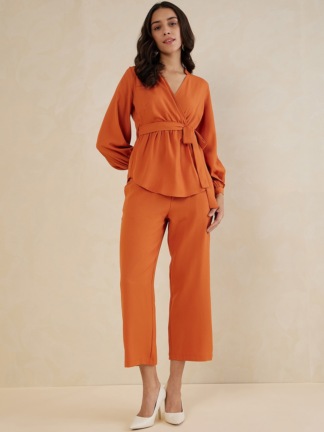 

Femella Polyester Notch Neck Wrap Top With Trousers, Rust