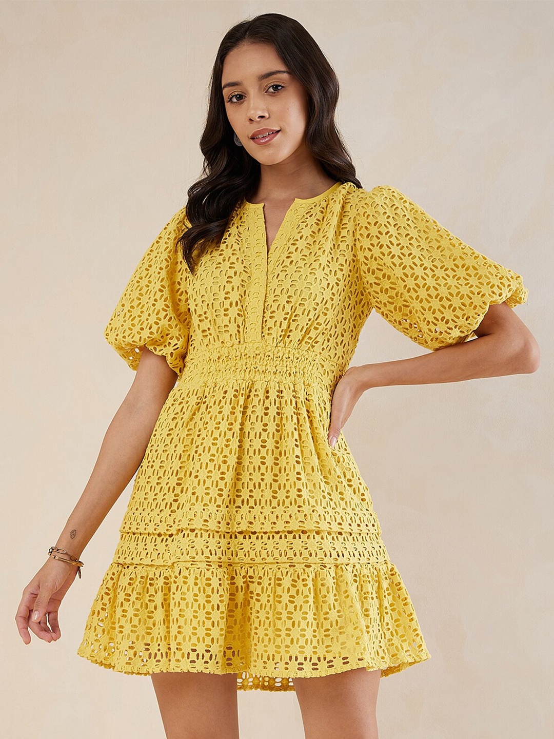 

Femella Self Designed Puff Sleeves Pure Cotton A-Line Dress, Yellow