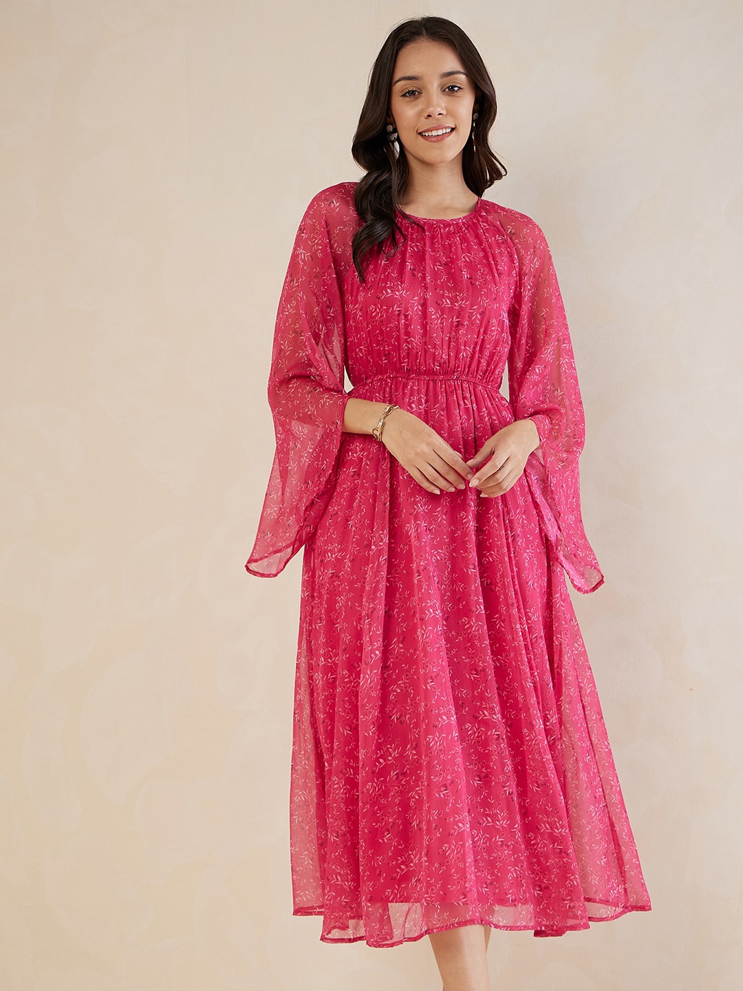 

Femella Floral Printed Bell Sleeves Chiffon Fit & Flare Midi Dress, Pink
